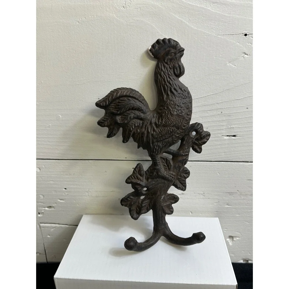 Vintage Style Cast Iron Rooster Wall Hooks Farmhouse Decor Brown Set of 3